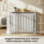 Grey radiator cover cabinet with vertical slat grill, light wood top shelf and legs