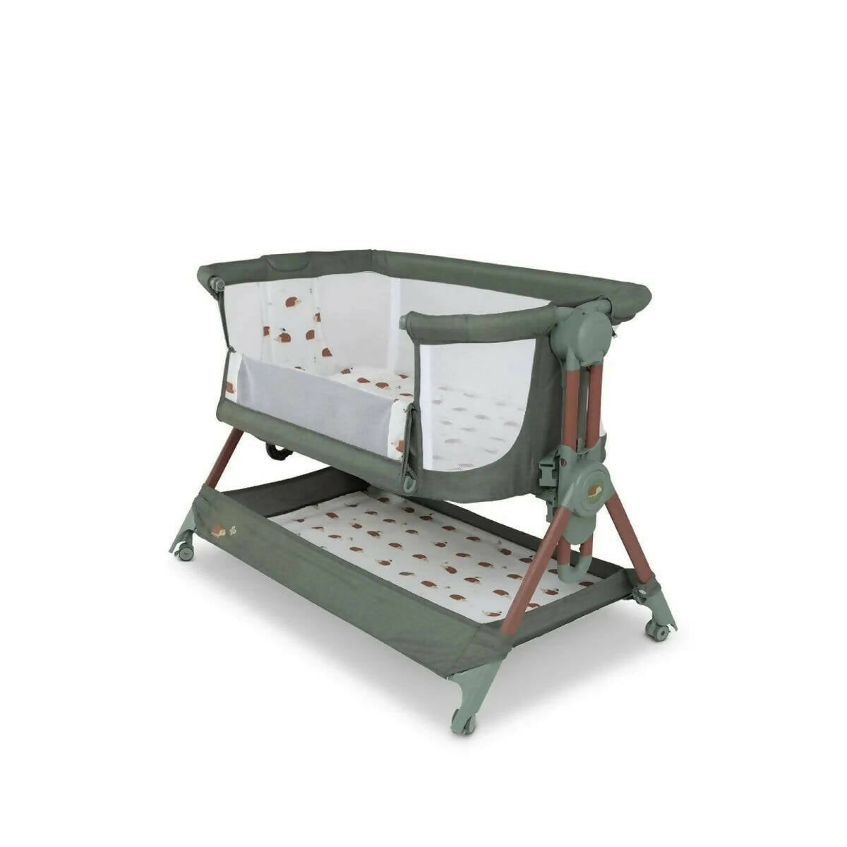Olive folding bedside crib with canopy, white mesh sides, and brown leg supports