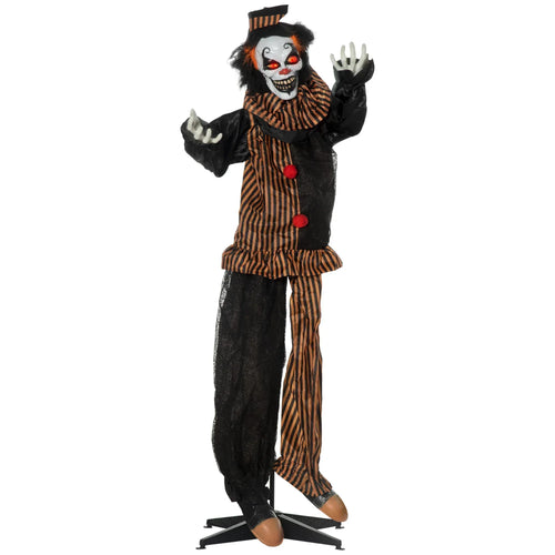 Circus clown animatronic decoration in striped outfit, red buttons, hands raised