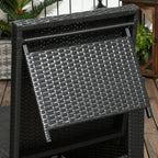 Black wicker sun lounger end panel with woven back and black fabric cushion