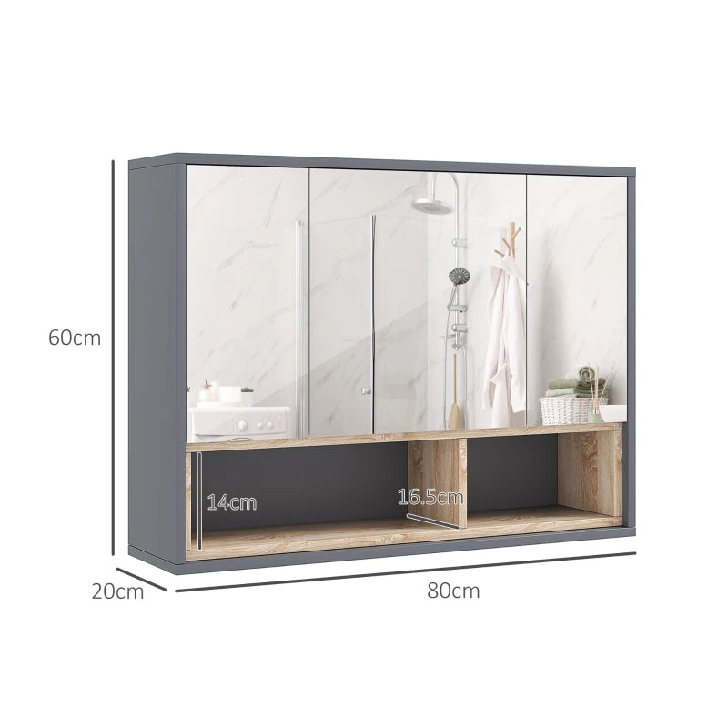 Grey wall-mounted mirror cabinet, 80cm wide, 60cm tall, three-door storage