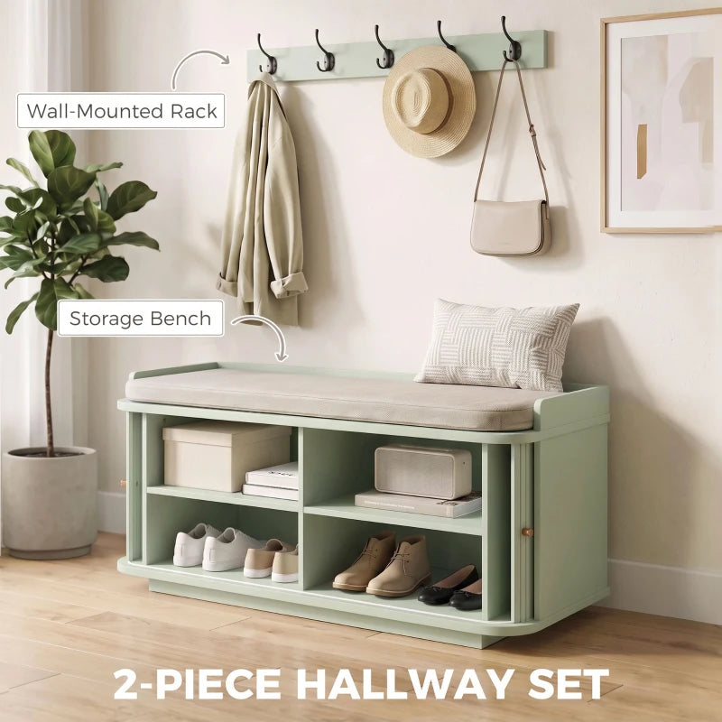 Light green hallway storage bench with open compartment and wall-mounted coat rack