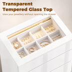 White 4-drawer chest with tempered glass top, open inner jewelry organizer sections