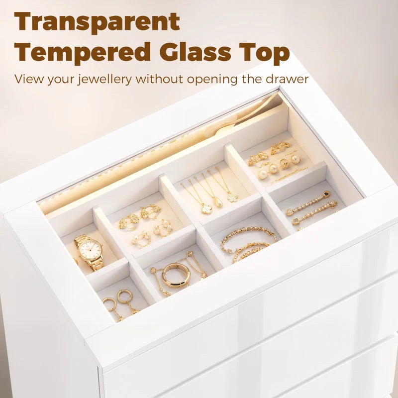 White 4-drawer chest with tempered glass top, open inner jewelry organizer sections