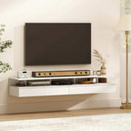 White floating media console with drawers and open shelf for electronics