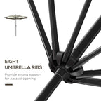 Eight umbrella ribs connector on brown and cream striped parasol canopy