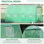 Green greenhouse tunnel with roll-up mesh window and roll-up zippered door