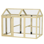 Large wooden chicken run with wire mesh panels and front access door, natural wood finish