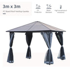 Grey hardtop gazebo with dark metal frame, peaked PC roof, and hanging mesh curtains