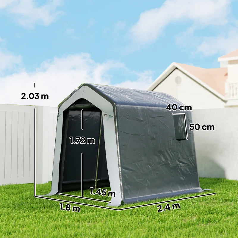 Grey storage shed tent with front opening and side length height measurements