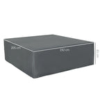 Gray rectangular furniture cover with dimensions of 205 by 192 by 61 cm
