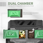 Black dual-chamber composter with green slide doors showing two compost chambers