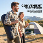 Light grey padded camping chair with carry bag-style storage for easy transport