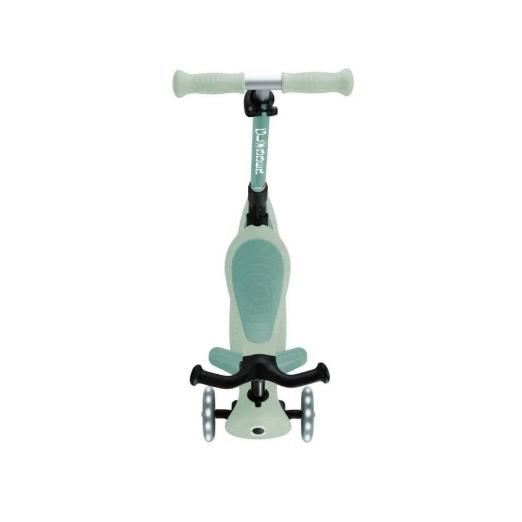 Pistachio mint kids’ scooter front view with curved deck and small front wheels