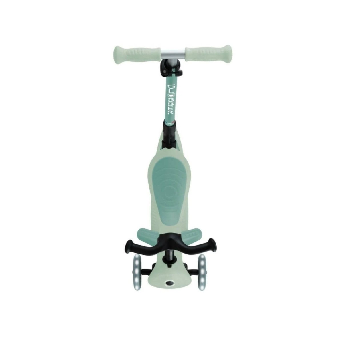 Pistachio mint kids’ scooter front view with curved deck and small front wheels
