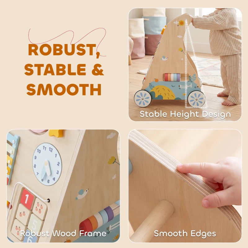 Wooden baby walker with sturdy frame and smooth edges