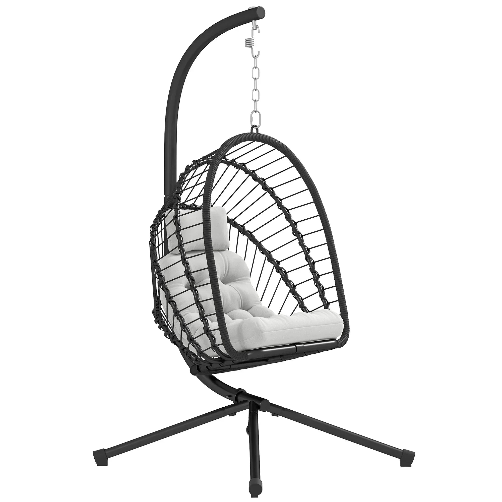 Outdoor PE Rattan Swing Chair with Foldable Basket and Cushion, Garden Patio Hanging Egg Chair with Metal Stand, Headrest for Indoor and Outdoor, Black - Bobobiy