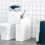 White slim bathroom floor cabinet with two drawers and silver round knobs
