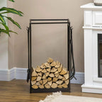 Black steel firewood log rack with tree-pattern panels, filled with split logs indoors