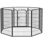 Black 8-panel metal puppy playpen with central gate and latch door.