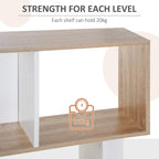 Close-up of wood shelf panel with white support legs, sturdy open-tier bookshelf