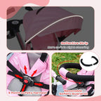 Pink push tricycle stroller seat with 5-point safety harness and removable guard