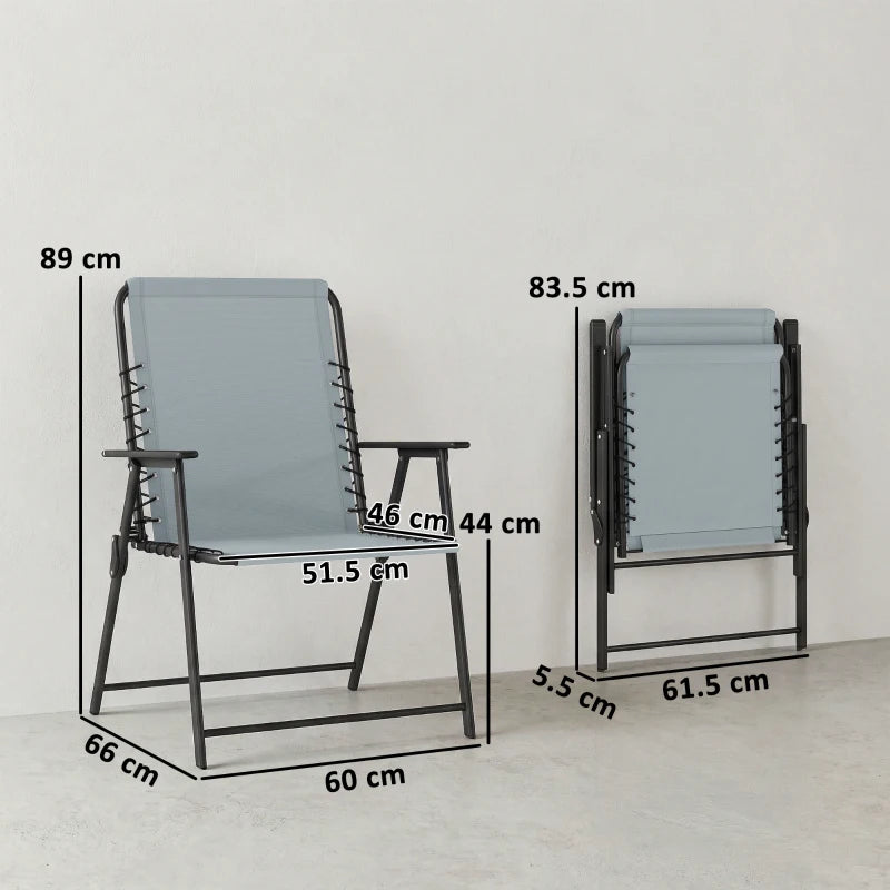 Four folding garden chairs in light grey with black frames, high backs and armrests