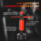 Red 3-in-1 boxing stand with speed ball, swing arm, and round padded base
