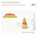 Hawaiian parasol showing two-section fold design with fringed multicolour canopy