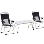 Folding camping table with two black mesh armchairs on silver aluminum frames