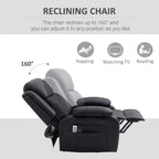 Black electric recliner chair with extended footrest, reclines up to 160 degrees
