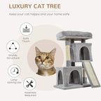 Grey luxury cat tree with top perch, cubby tower, and sisal scratching ramp