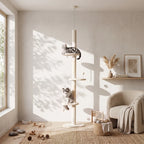 Beige cat tree with stacked perches and sisal scratching posts, cats lounging nearby