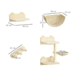 Beige wall-mounted cat shelf set size diagram with platforms, nest, hammock, and post