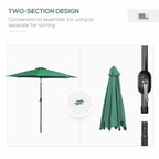 Green tilting patio umbrella with two-section stand shown and crank mechanism