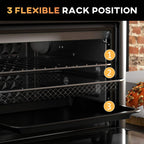 Black oven interior with three rack positions on multi-level wire rails