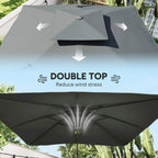 Grey double-top cantilever parasol canopy with vented upper section and center pole.