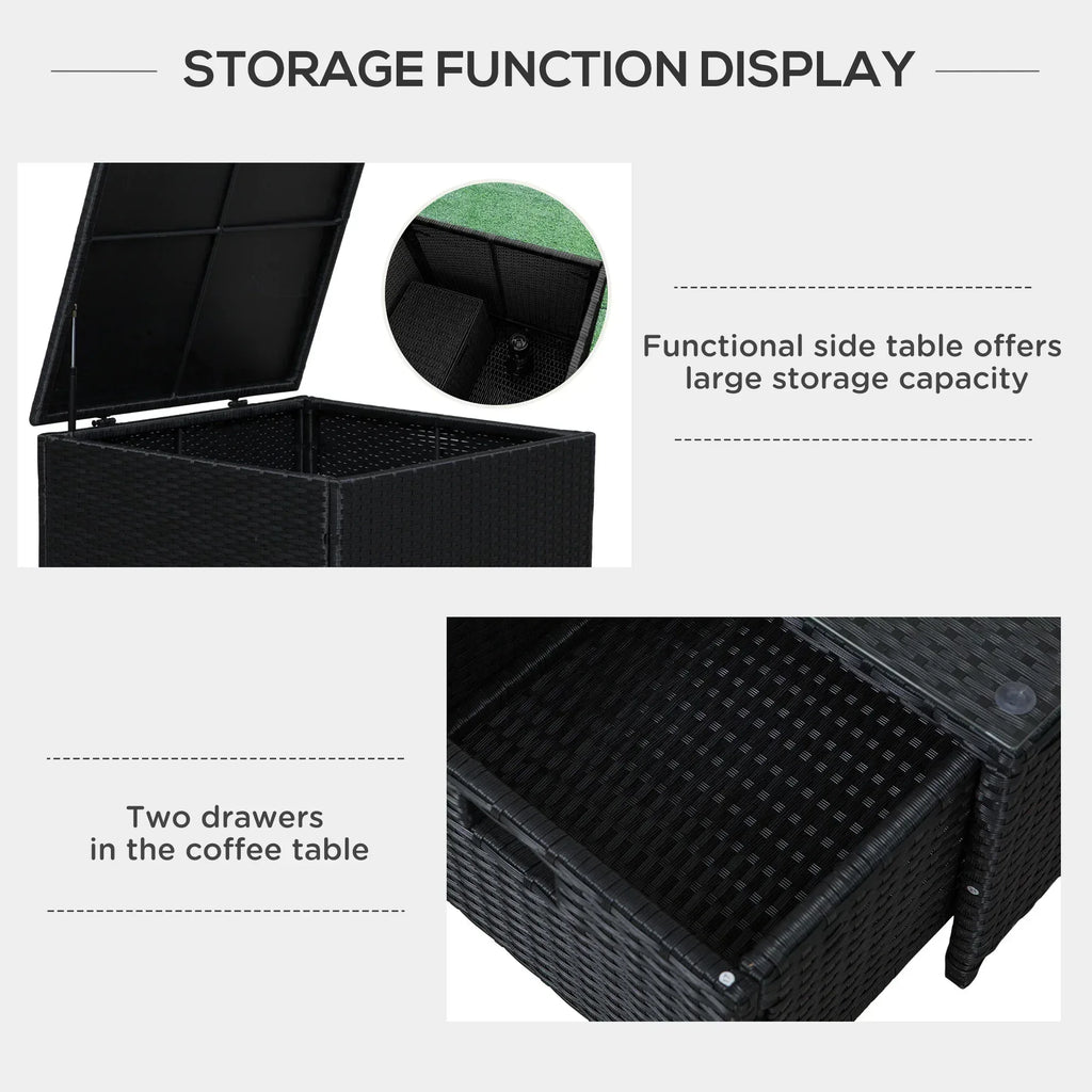 4 Pieces Rattan Garden Furniture Set, 4 Seater Corner Sofa Set with Storage Box, 2 Drawers Coffee Table, Loveseats with Cushions, Wicker Garden Conservatory Furniture for Balcony, Black - Bobobiy