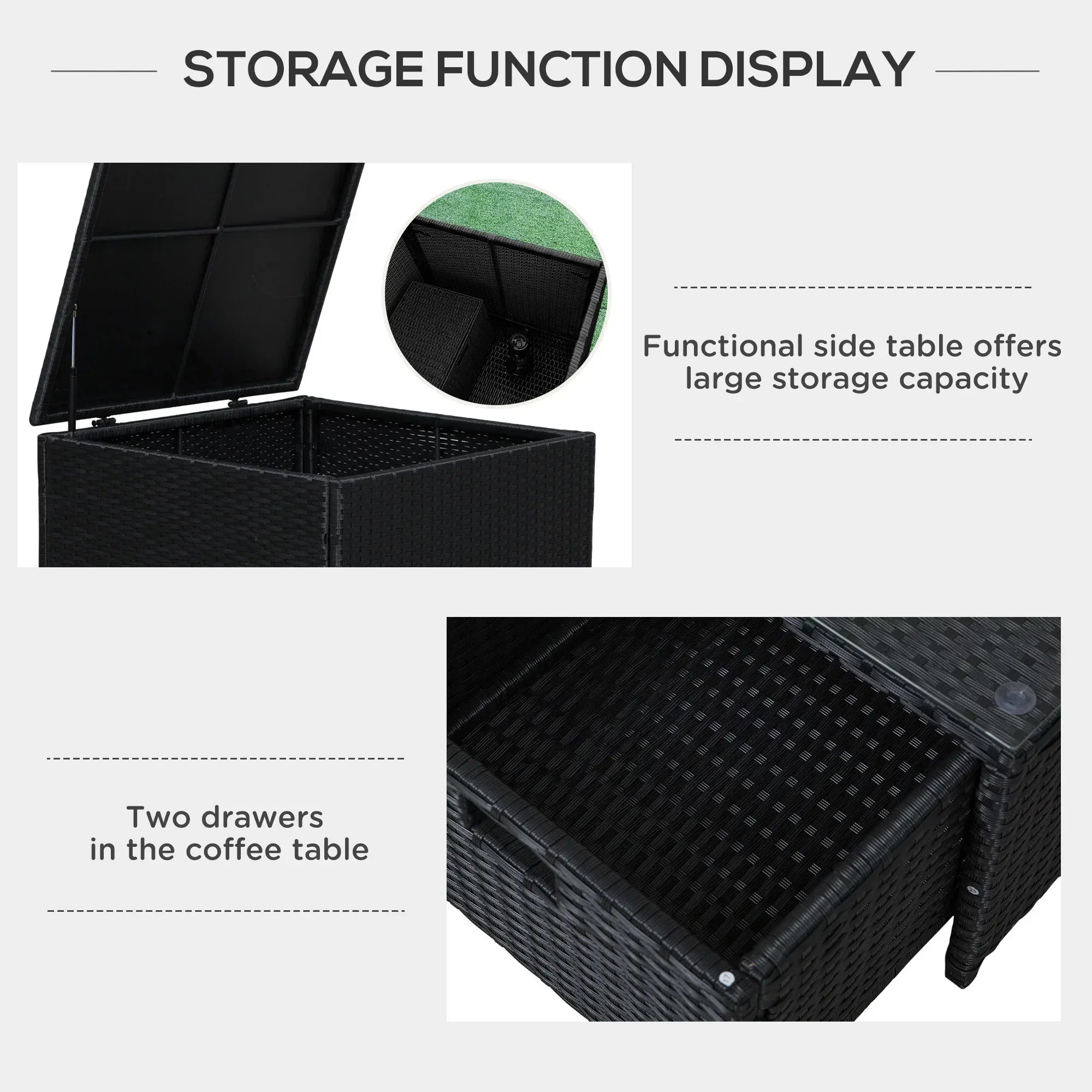 4 Pieces Rattan Garden Furniture Set, 4 Seater Corner Sofa Set with Storage Box, 2 Drawers Coffee Table, Loveseats with Cushions, Wicker Garden Conservatory Furniture for Balcony, Black - Bobobiy