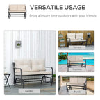 Outdoor loveseat rocking glider bench in khaki with cushions and dark armrests