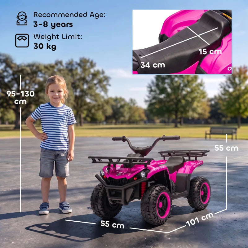 Pink kids electric quad bike with chunky tires and rear storage rack
