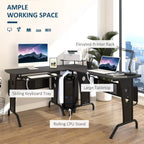 Black L-shaped corner desk with large tabletop, CPU rack, and sliding keyboard tray.