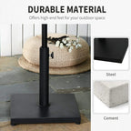 Black umbrella base weight with center pole; durable steel and cement shown