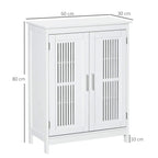White bathroom floor cabinet with slatted double doors; 60 cm wide and 80 cm high.