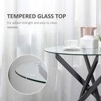 Clear glass tabletop on black metal table frame with strong, thick glass edge
