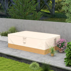 Beige rectangular garden furniture cover with corner tabs over outdoor seating.