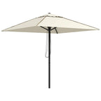 Beige square canopy parasol with brown contrast piping and black center support pole