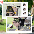 Brown pet stroller with adjustable canopy, rear wheel brake, and front swivel wheels