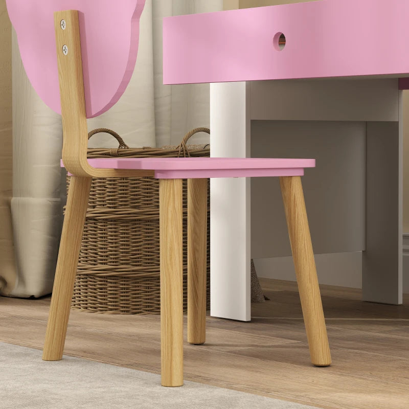 Side view of pink bear-back kids chair with wooden legs under a white desk