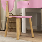 Side view of pink bear-back kids chair with wooden legs under a white desk